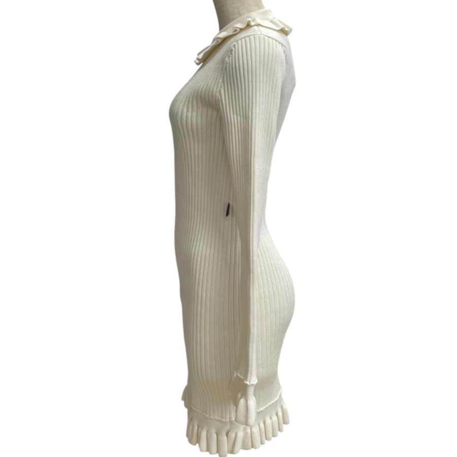 Louis Vuitton Long Sleeve Mini Dress Ruffle Rib Knit Rayon Wool White — view 2