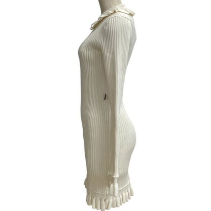 Louis Vuitton Long Sleeve Mini Dress Ruffle Rib Knit Rayon Wool White — view 2