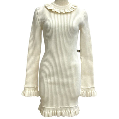 Louis Vuitton Long Sleeve Mini Dress Ruffle Rib Knit Rayon Wool White