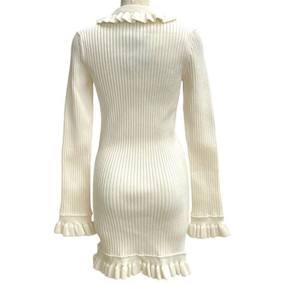 Louis Vuitton Long Sleeve Mini Dress Ruffle Rib Knit Rayon Wool White — view 3
