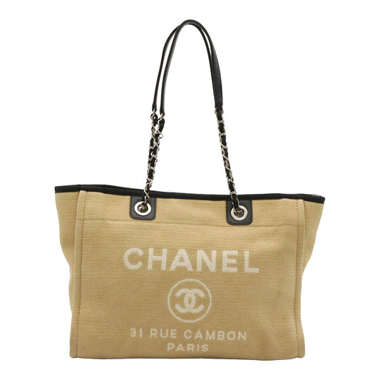 Chanel Deauville Line Tote MM Medium Chain Shoulder Bag Beige Black Silver
