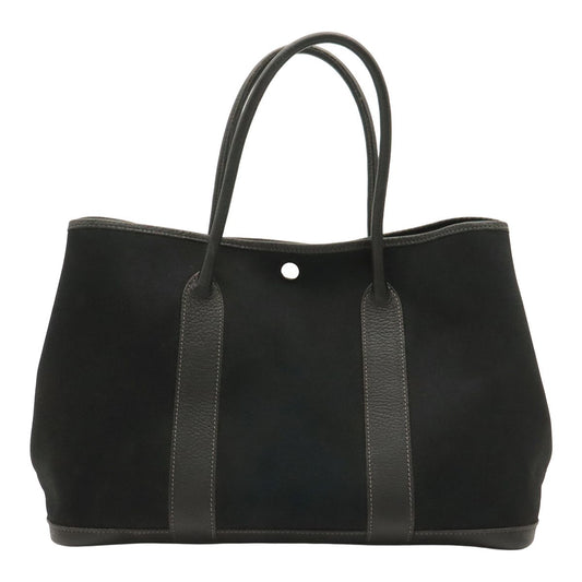 Hermes Garden Party PM Tote Shoulder Bag Toile Officier Leather Black Silver