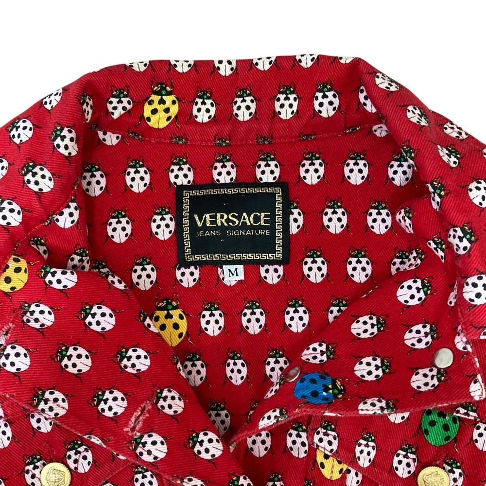 Versace Jeans Vintage Ladybug Print Medusa Button Cropped Denim Jacket Red M — view 4