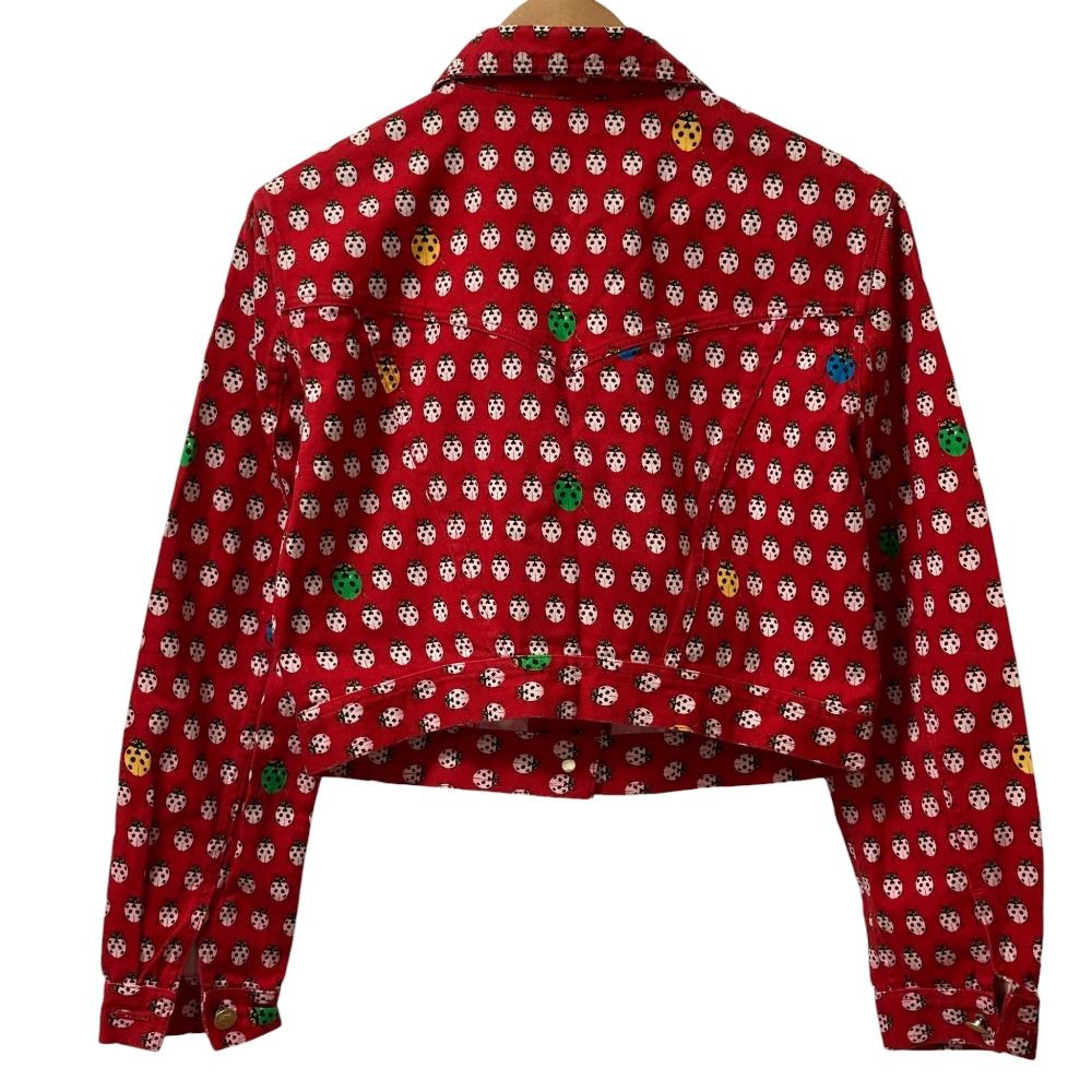 Versace Jeans Vintage Ladybug Print Medusa Button Cropped Denim Jacket Red M — view 3
