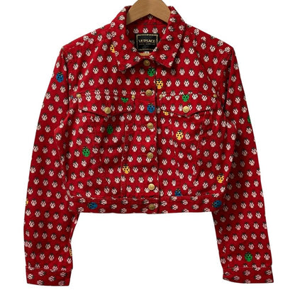 Versace Jeans Vintage Ladybug Print Medusa Button Cropped Denim Jacket Red M