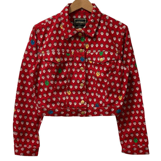 Versace Jeans Vintage Ladybug Print Medusa Button Cropped Denim Jacket Red M