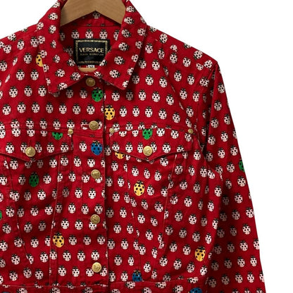 Versace Jeans Vintage Ladybug Print Medusa Button Cropped Denim Jacket Red M — view 2