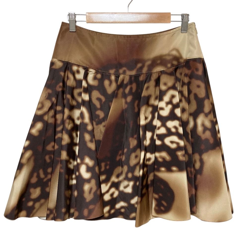 Prada Blur Leopard Print Silk Flare Skirt Beige Brown Spring Summer Fall 40