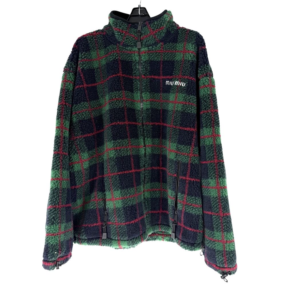 Miu Miu Jacket Checked Fleece Teddy Zipper Green Navy Blue Polyester Wool S