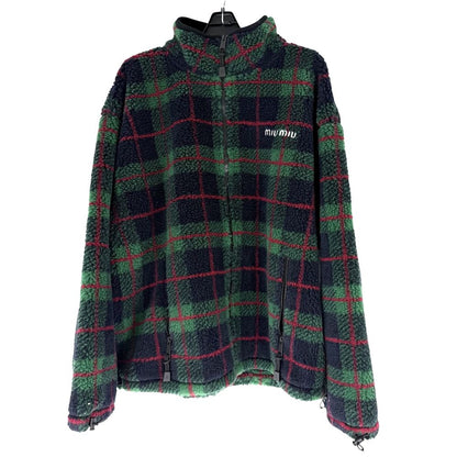 Miu Miu Jacket Checked Fleece Teddy Zipper Green Navy Blue Polyester Wool S