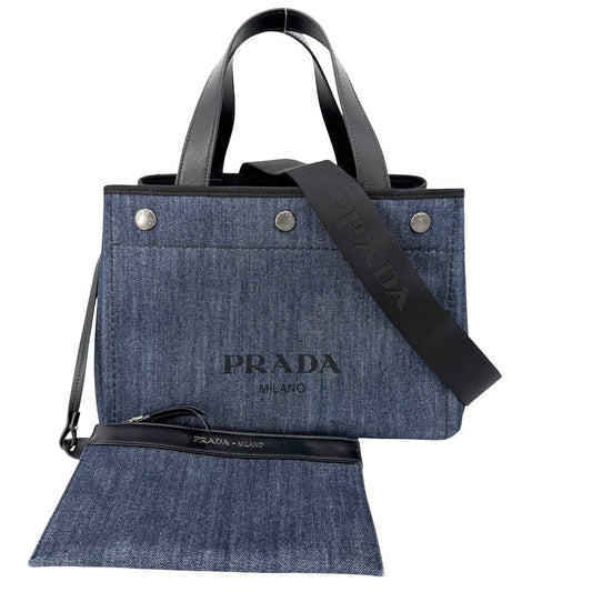 Prada Tote Canapa Denim Fabric Handbag Crossbody Cotton Blue Gold