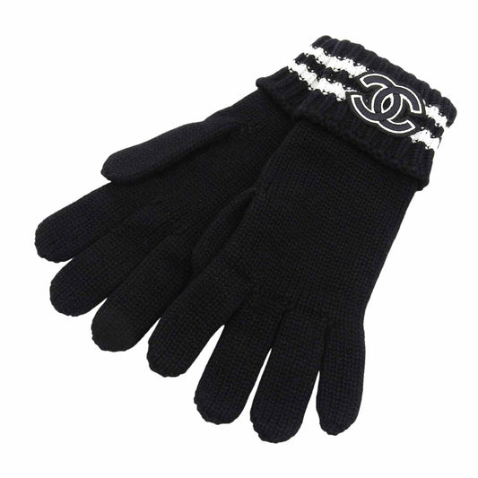Chanel Cashmere CC Logo Embroidery Knit Gloves Black White