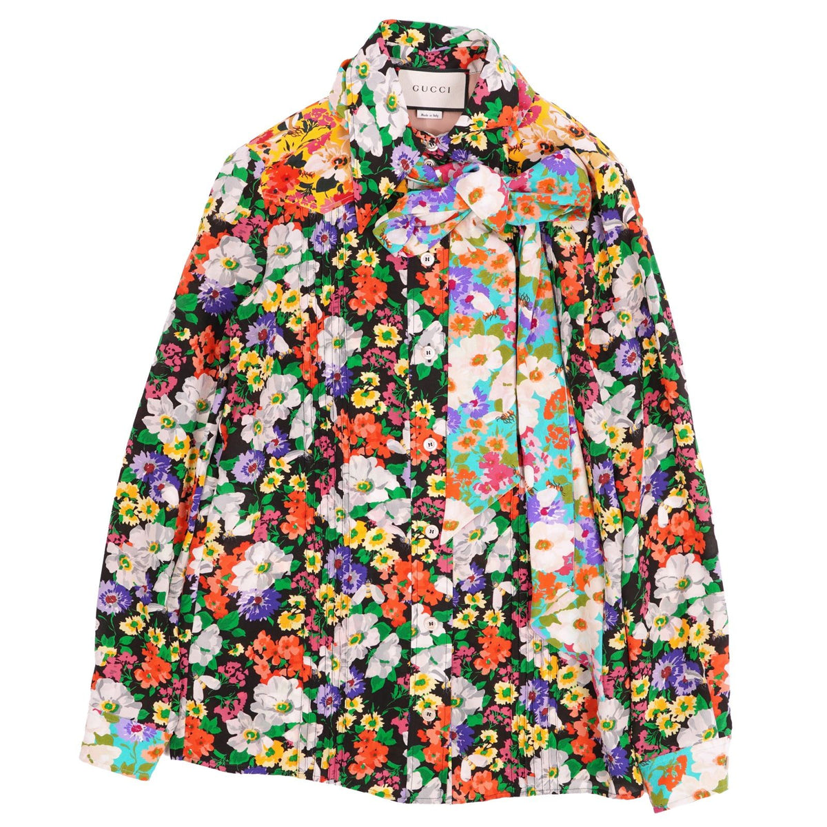 Gucci Shirt Blouse Ribbon Long Sleeve All Over Print Top Silk Multicolor 38