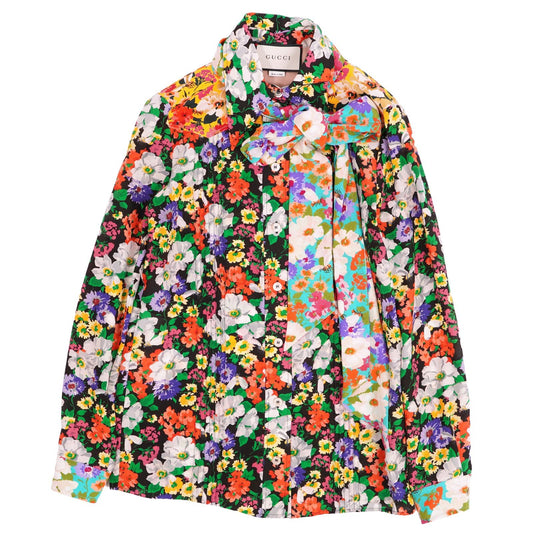 Gucci Shirt Blouse Ribbon Long Sleeve All Over Print Top Silk Multicolor 38