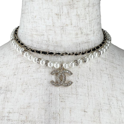 Chanel CC Logo Necklace Faux Pearl Black White Choker — view 4