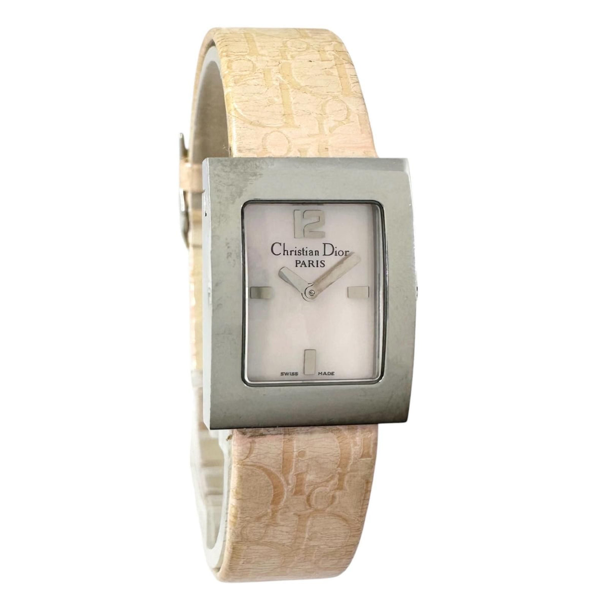 Dior Malice Square Watch Stainless Steel Silver Quartz Pearl Pink Dial