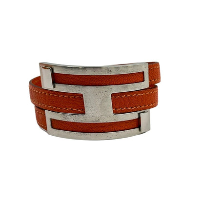 Hermes Bangle Pousse Leather Orange Silver Bracelet