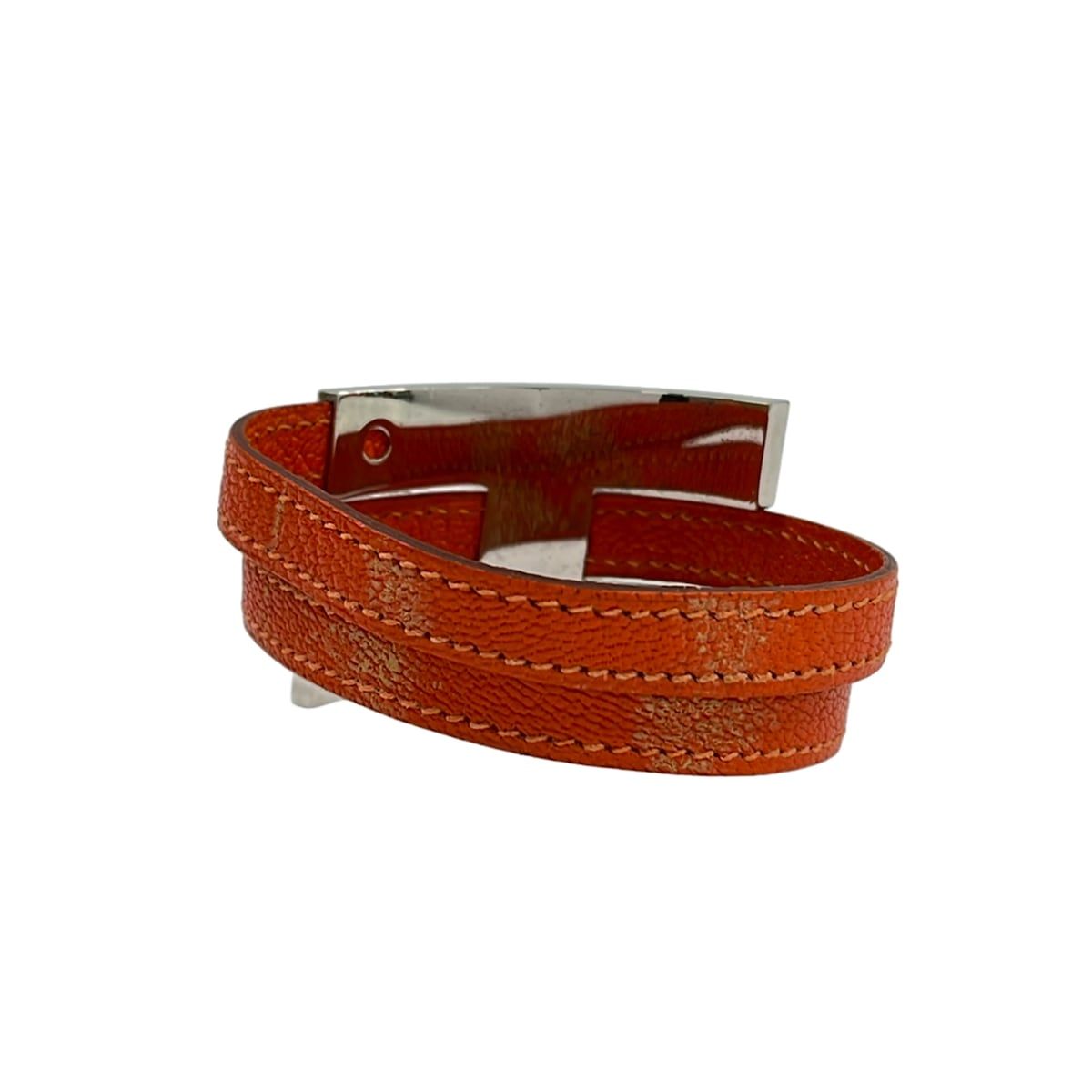 Hermes Bangle Pousse Leather Orange Silver Bracelet — view 3