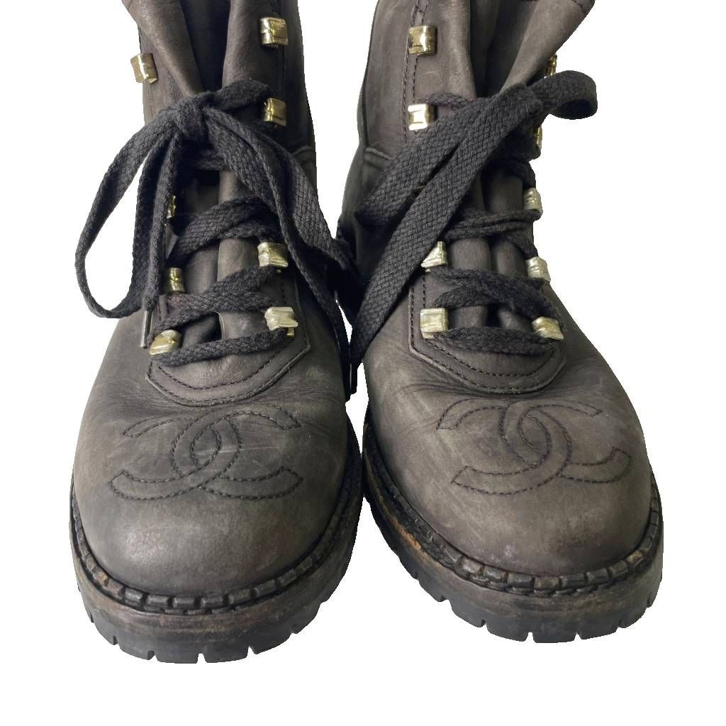 Chanel CC Logo Leather Short Boots Lace-up Black 6 — view 5
