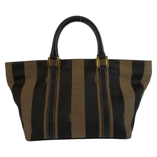 Fendi Vintage Pecan Brown Black Gold Canvas Leather Tote Bag