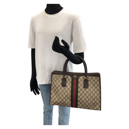 Gucci Vintage Sherry Line Beige Brown Gold GG Supreme Canvas Leather Business — view 7