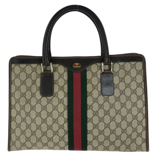 Gucci Vintage Sherry Line Beige Brown Gold GG Supreme Canvas Leather Business