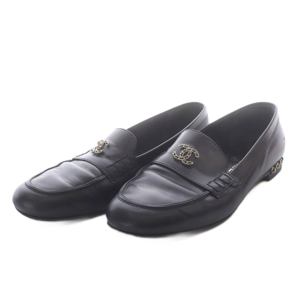 Chanel CC Logo Chain Leather Loafers Slip-on 39C Black