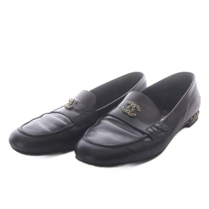 Chanel CC Logo Chain Leather Loafers Slip-on 39C Black