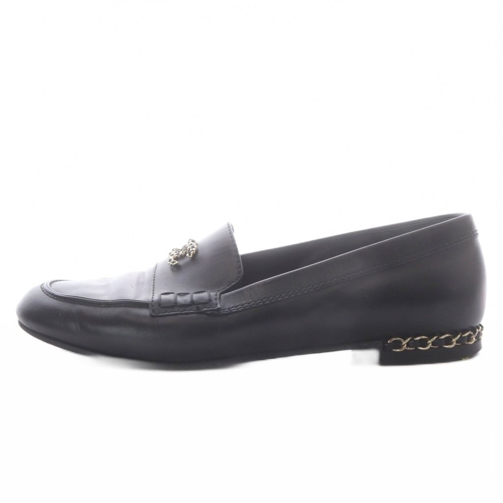 Chanel CC Logo Chain Leather Loafers Slip-on 39C Black — view 2
