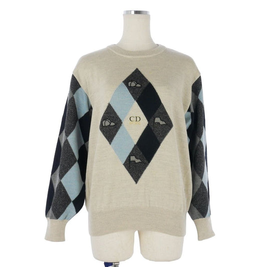 Dior Sports Vintage Argyle Pattern Knit Sweater Golf Motif Greige Multicolor L