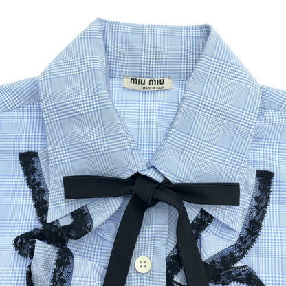 Miu Miu Embroidery Sleeveless Check Blouse Blue 36 — view 4