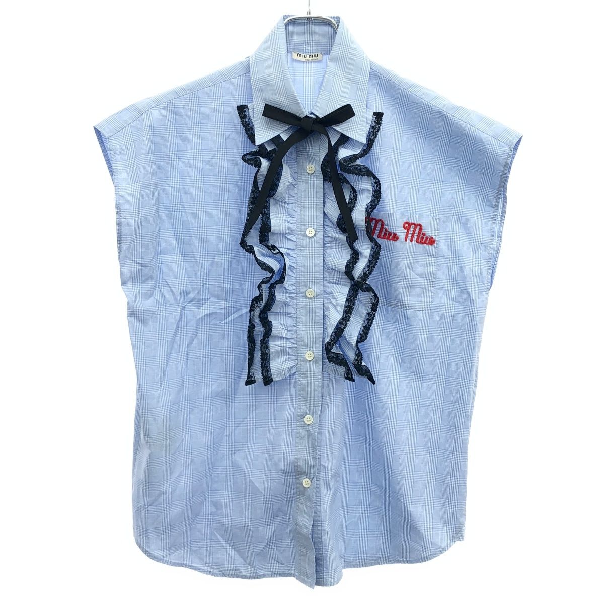 Miu Miu Embroidery Sleeveless Check Blouse Blue 36