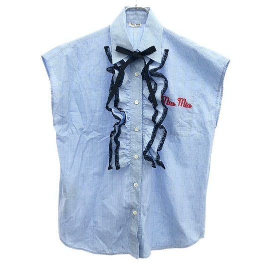 Miu Miu Embroidery Sleeveless Check Blouse Blue 36