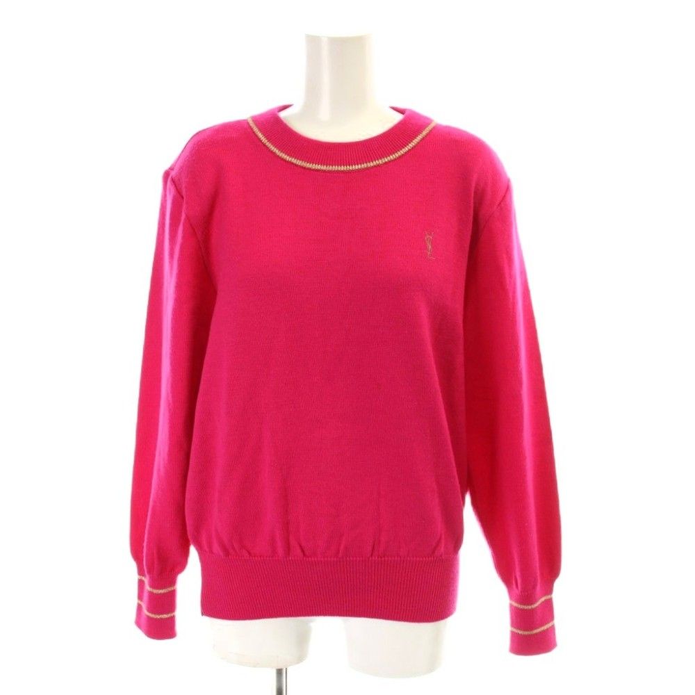 Saint Laurent Knit Sweater Wool Shoulder Pad Pink Logo Embroidery Round Neck M