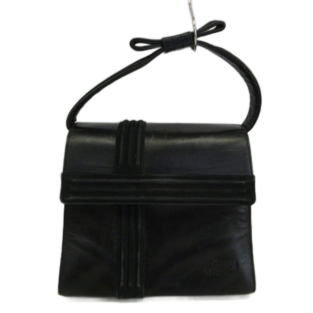 Versace Gianni Vintage Square Mini Handbag Leather Suede Ribbon Logo Black