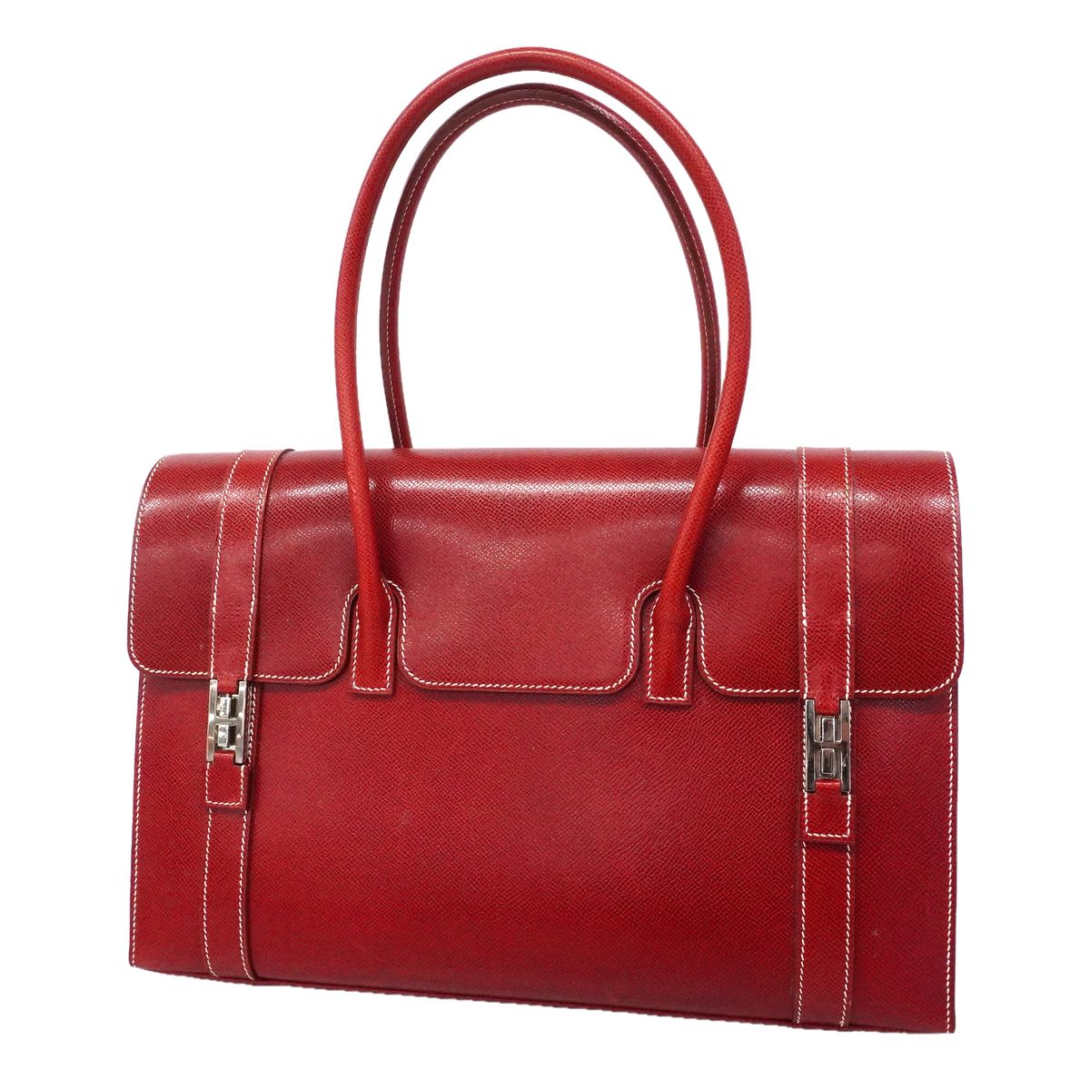 Hermes Handbag Drag 37 Courchevel Rouge Casaque Silver