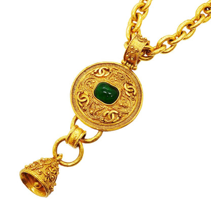 Chanel Necklace Vintage CC Logo Round Circle Gold Plated Gripoix Green