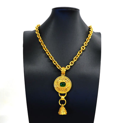 Chanel Necklace Vintage CC Logo Round Circle Gold Plated Gripoix Green — view 6