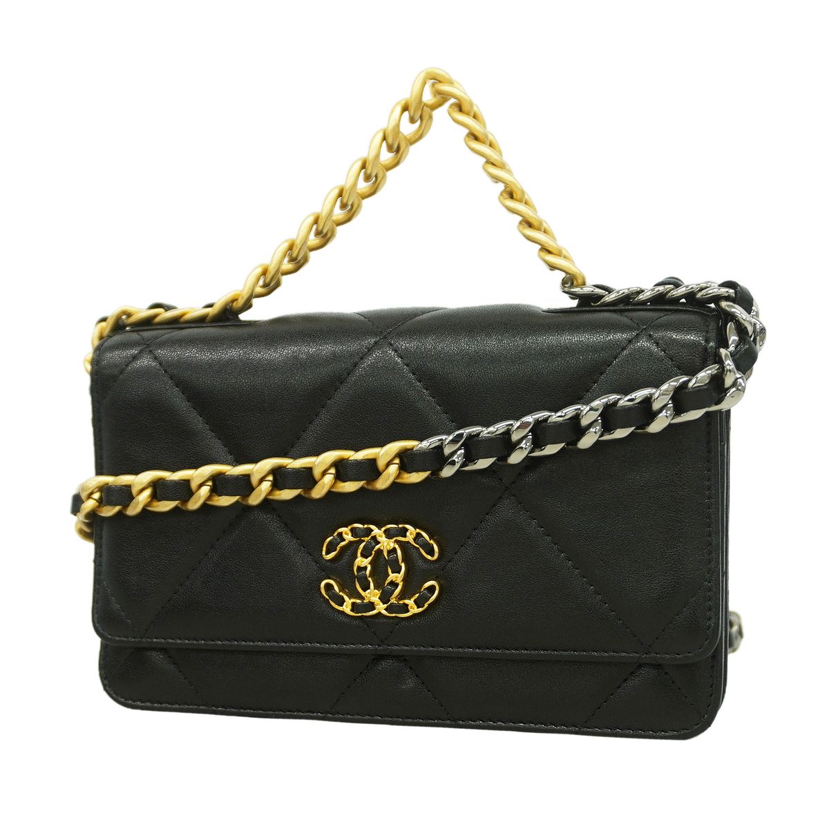 Chanel Handbag Chanel 19 Lambskin Black Gold Silver 2-Way Bag