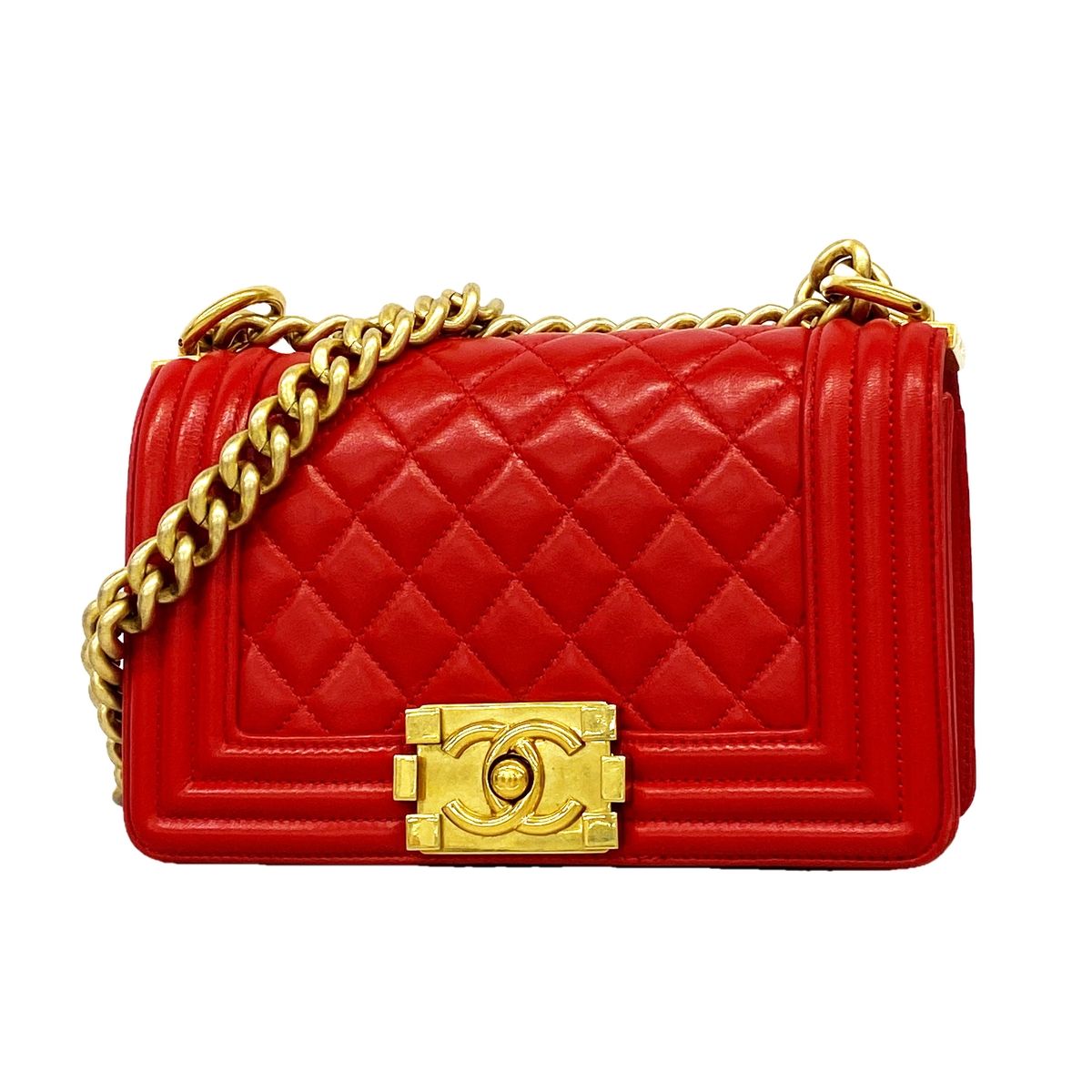 Chanel Shoulder Bag Boy Lambskin Red Gold