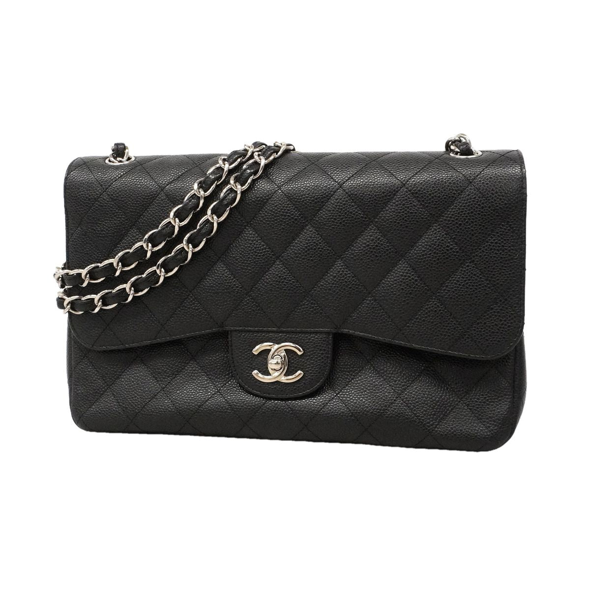 Chanel Shoulder Bag Maxi Quilted Caviar Leather Black Silver