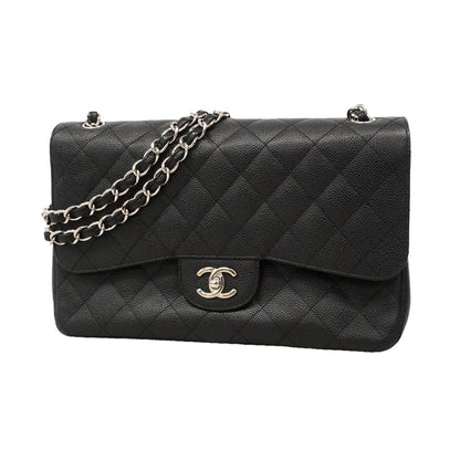 Chanel Shoulder Bag Maxi Quilted Caviar Leather Black Silver