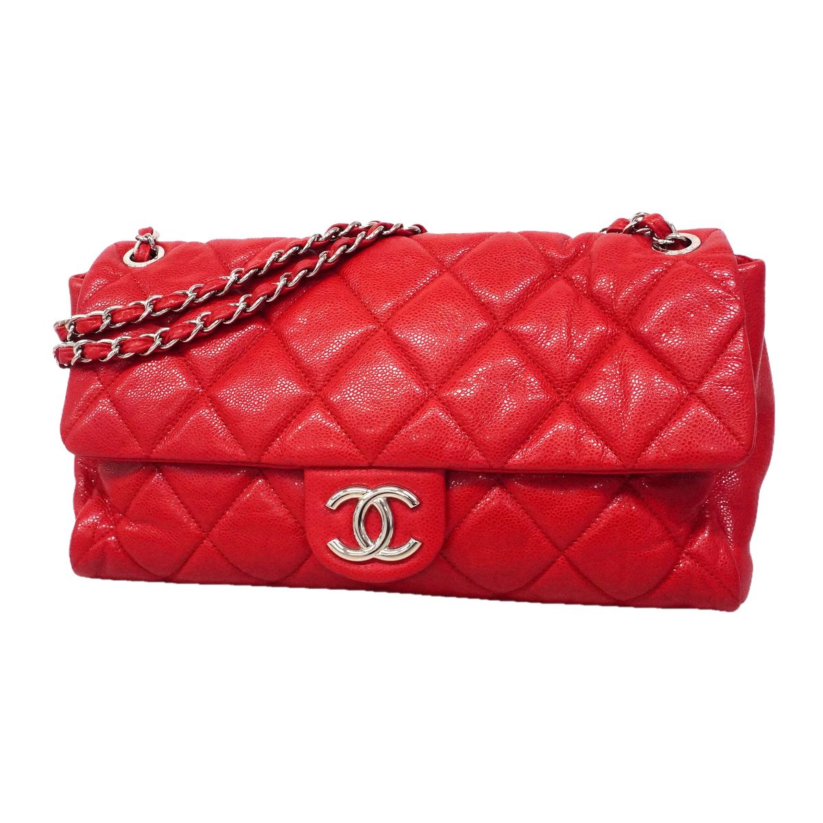 Chanel Shoulder Bag Maxi Quilted Caviar Leather Red Silver