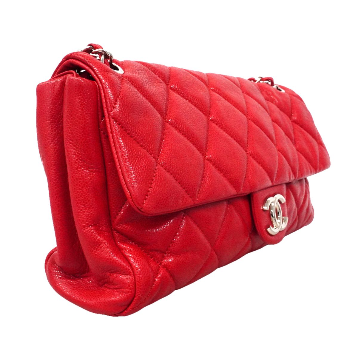 Chanel Shoulder Bag Maxi Quilted Caviar Leather Red Silver — view 2