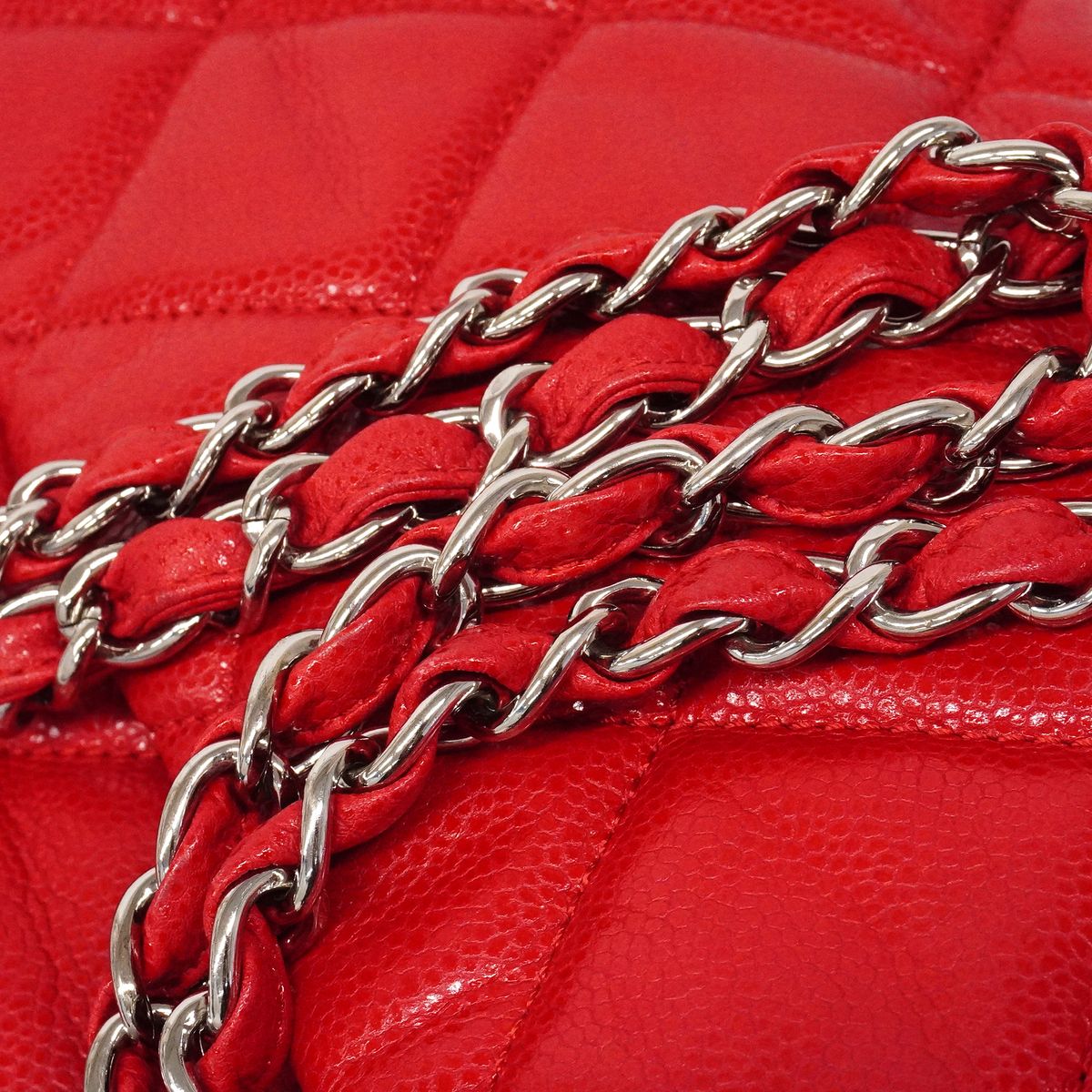 Chanel Shoulder Bag Maxi Quilted Caviar Leather Red Silver — view 8