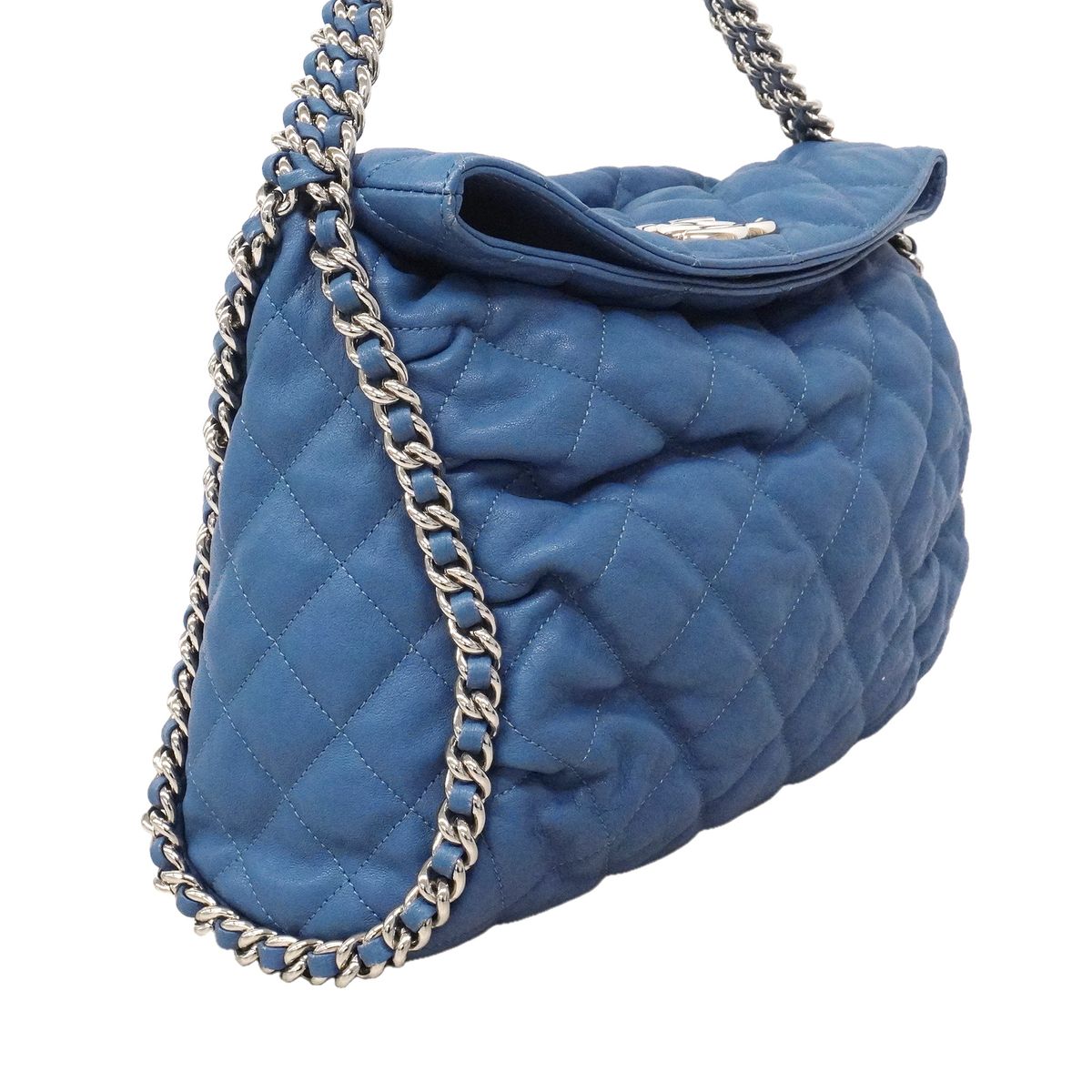Chanel Shoulder Bag Quilted Leather Blue Silver — view 2