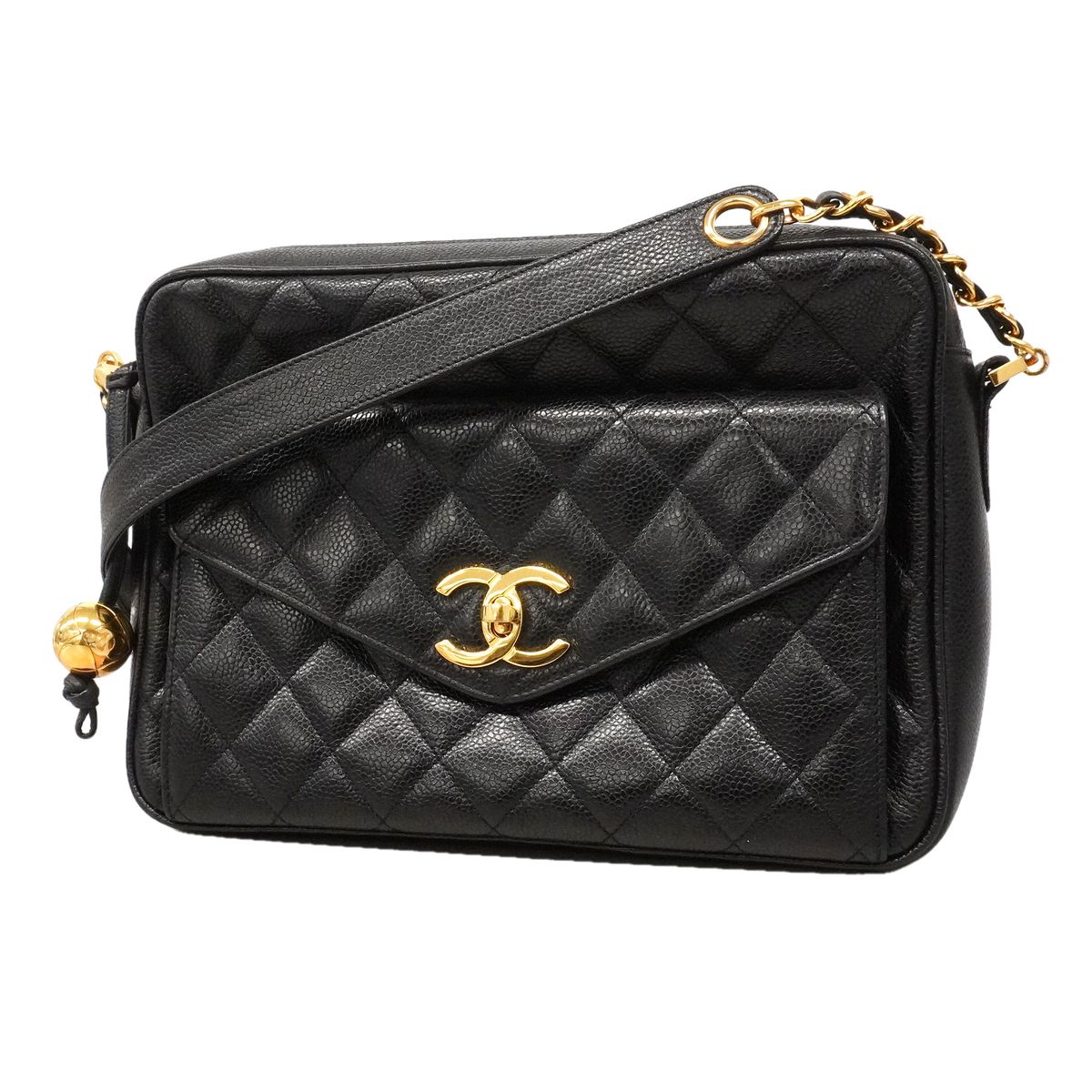 Chanel Shoulder Bag Quilted Caviar Leather Black Gold