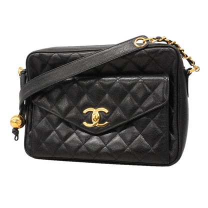 Chanel Shoulder Bag Quilted Caviar Leather Black Gold