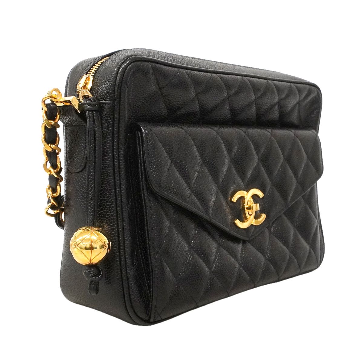 Chanel Shoulder Bag Quilted Caviar Leather Black Gold — view 2