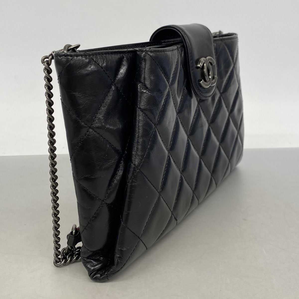 Chanel Shoulder Bag Quilted Leather Black Silver — view 2